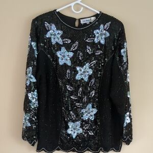 Medium Sail Away Heavily Embellished Sequins Beaded Floral Top Cruise Black